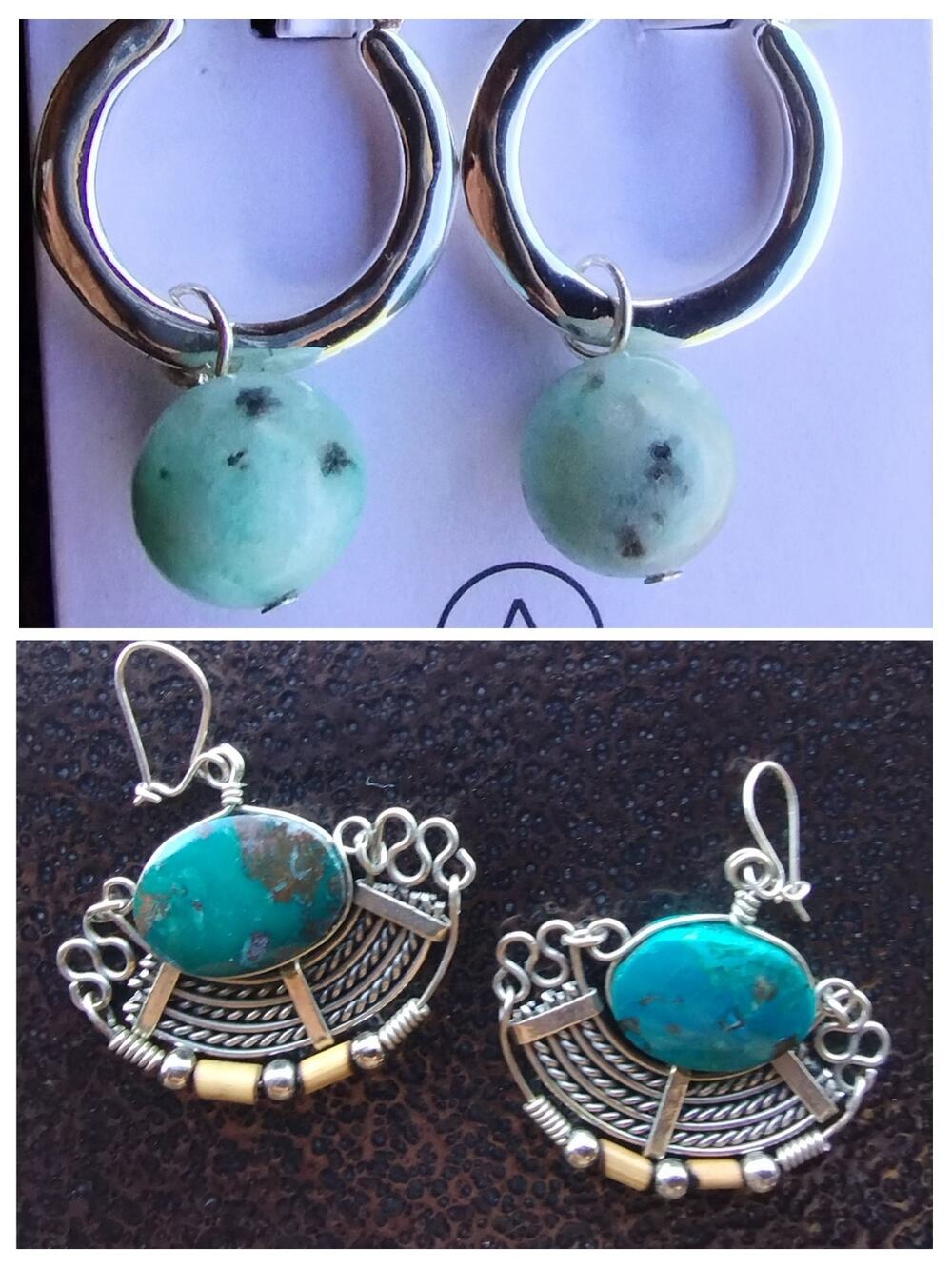 Lotus Jasper Silver Hoops & Turquoise Silver Boho Fringe Chandelier Earrings Lot
